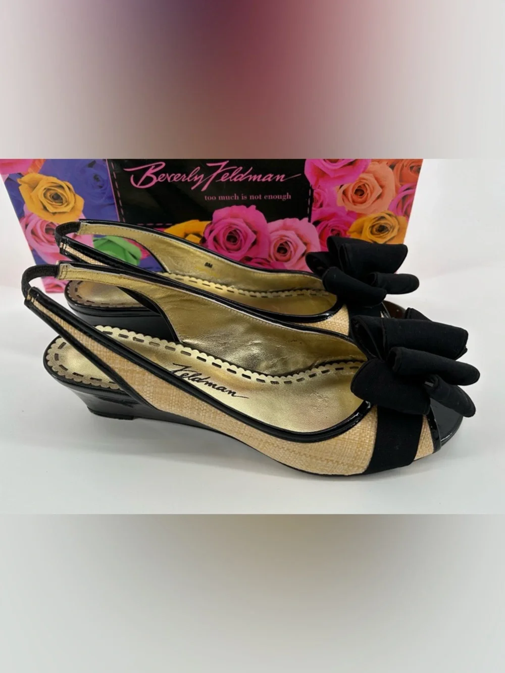 Beverly Feldman Black and Natural Slingback Peep-Toe Wedges with Bow